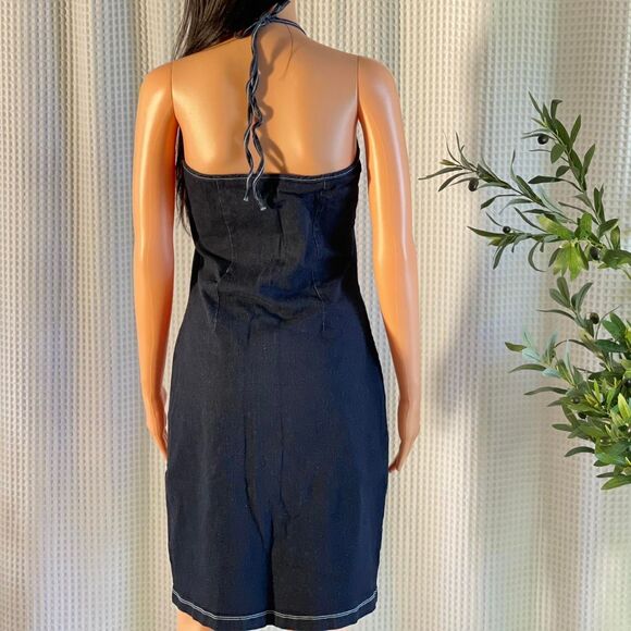Vintage Y2K 2000s Girly Girl Denim Halter Dress Zip Front Bodycon Midi Size L - Picture 4 of 8